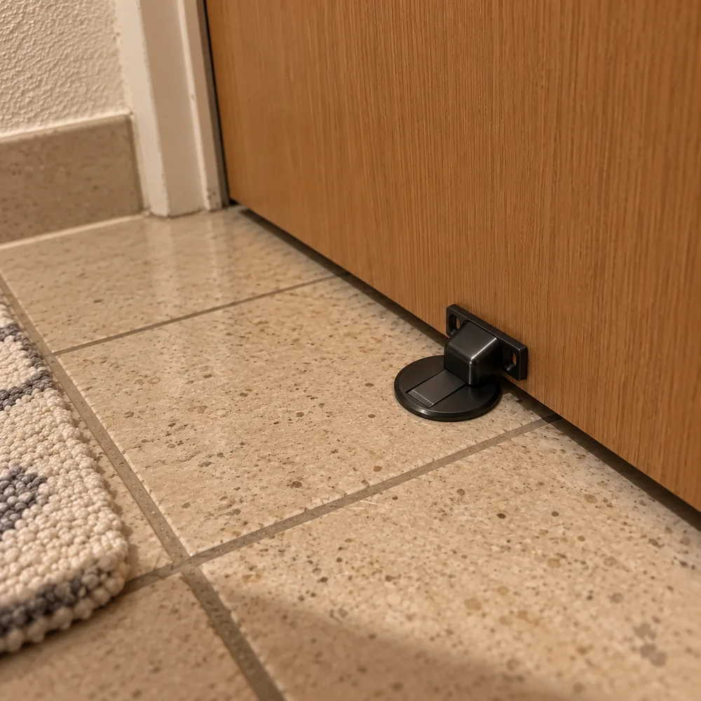 Cena ilustrativa: batente preto em uma porta de corredor