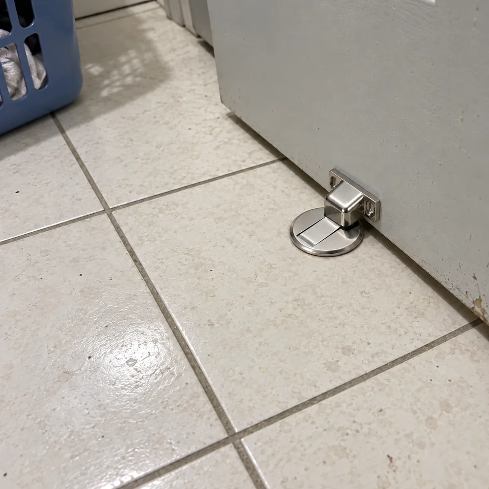 Cena ilustrativa: batente cromado em uma porta de lavanderia